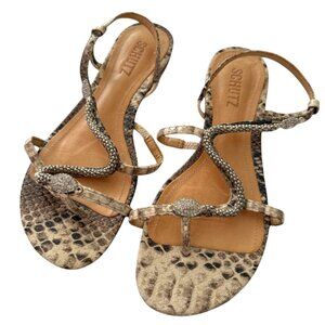 Schutz Snake Print and Rhinestone Leather Sandals - US 7.5 EU 38